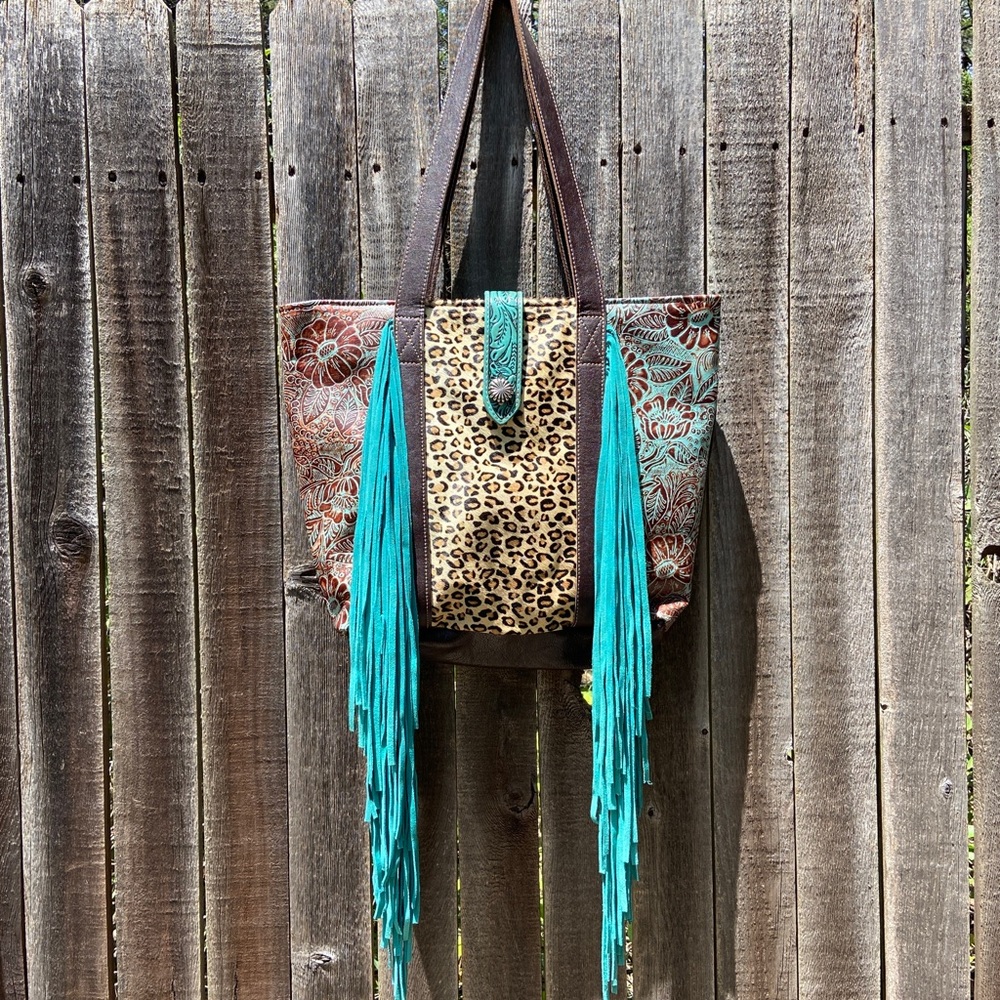 Myra Bag - “Ocean Current” - Large Tooled Bag Tote
Hair-on Hide & Leather - NWOT